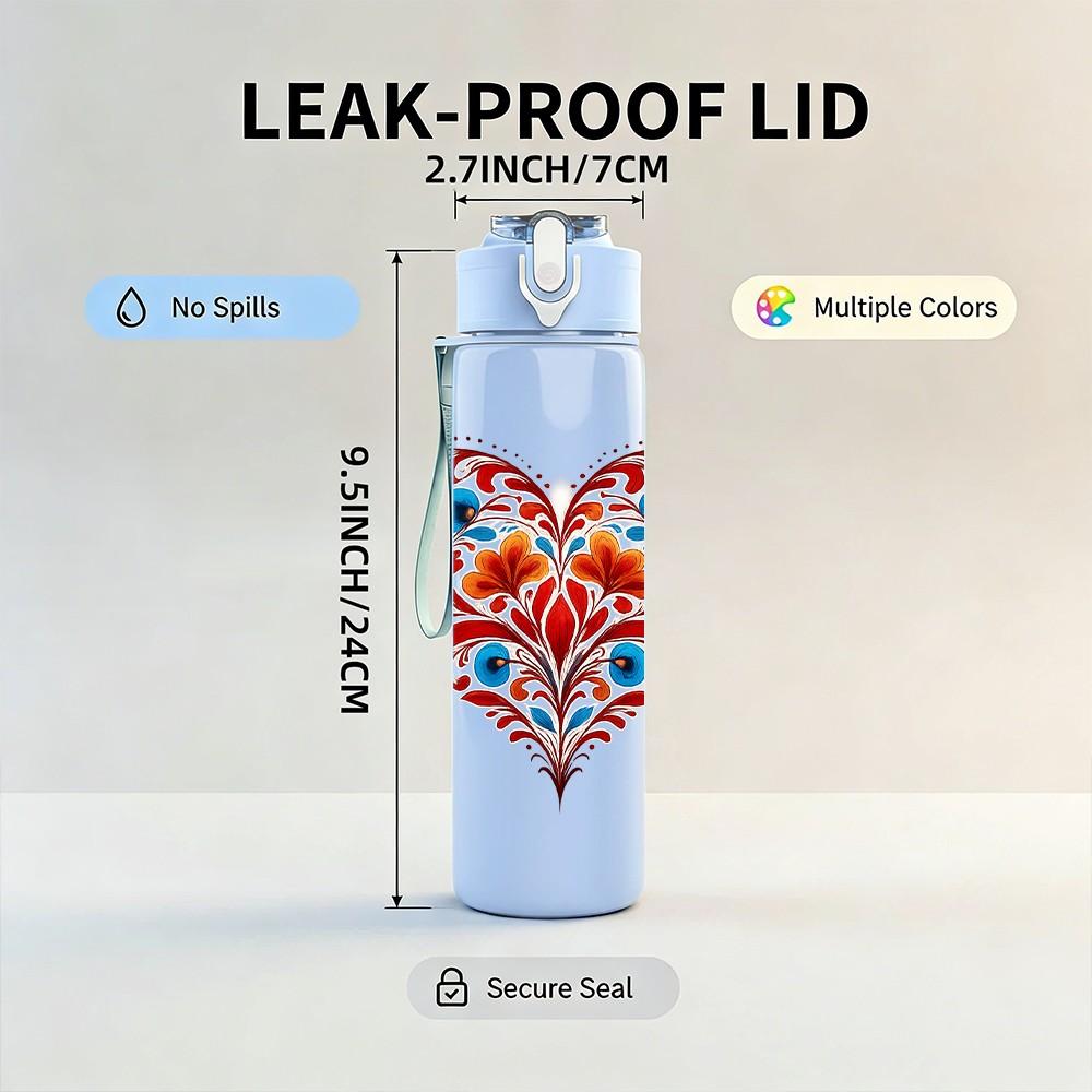 1PC Folk Floral Heart Pattern 750ml Color Plastic Sports Water Bottle Leakproof Flip Straw Lid Suitable for Sports Office Home Use