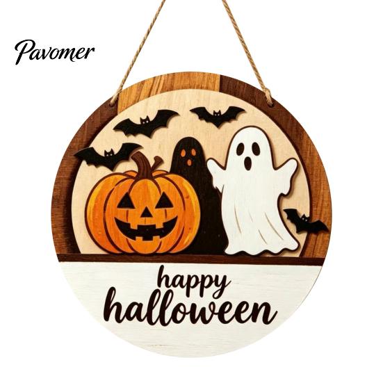 Layered Wood Craft Halloween Round Door Hanger, 3D Pumpkin Ghost Owl Welcome Sign, Solid Plaque Farmhouse Front Wall Hanging Decor for Home