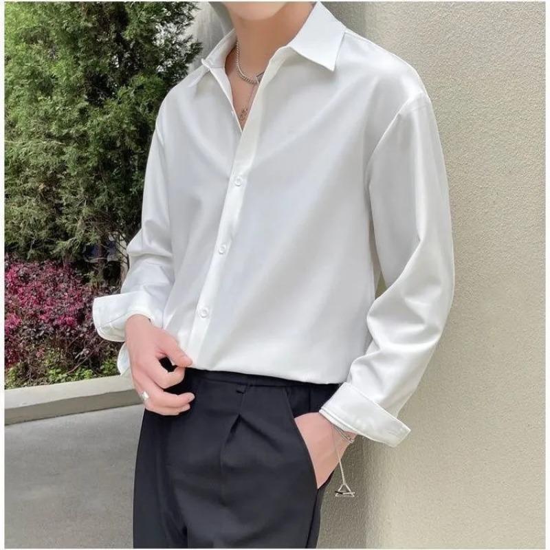 Męskie Koszule Letnie Cienkie Długi Rękaw Koreański Styl Modne Męskie Koszule Biznesowe Wszechstronne Jednokolorowe Top