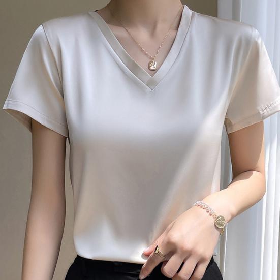 Women Summer Top V-neck Solid Color Soft Comfortable Short Sleeves Daily Wear Pullover OL Commute Satin Women T-shirt Female Clothes