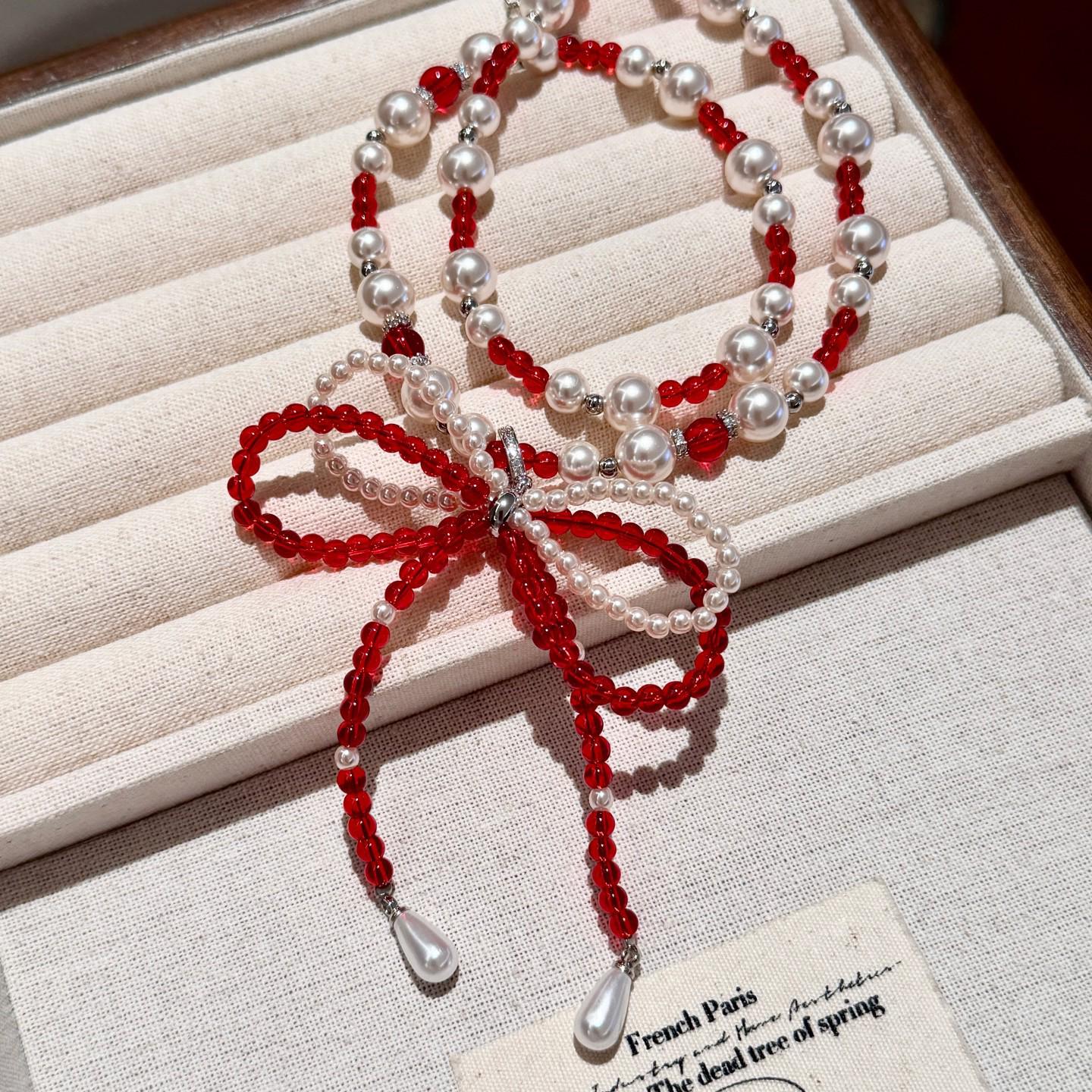 

Универсальное красное жемчужное колье-чокер с кристаллами - Дизайн с бусинами в виде банта, идеально подходит для ключиц девочек.