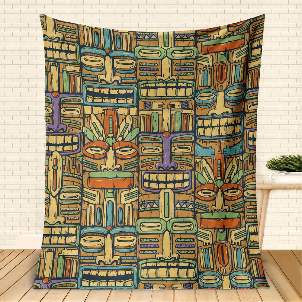 Tribal Tiki Mask Pattern Blanket Soft Flannel Throw Blanket For Bed Couch Bohemian Vintage Warm Cozy Blanket For All-Season
