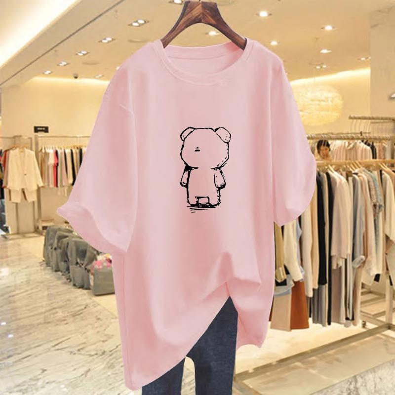 White medium and long bear print T-shirt women's summer 2025 new butt cover large size loose long t-shirt