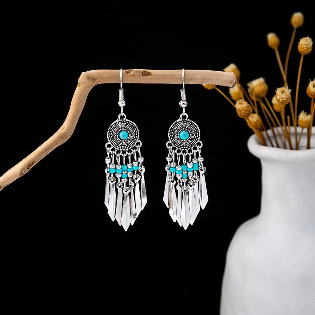 Retro Ethnic Blue Turquoise Owl & Tassel Earrings