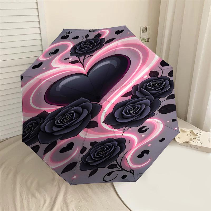 

1pc Heart Roses Automatic Open/Close Umbrella Compact Folding Umbrella with 8-Rib Shaft for Women/Men, Elegant Birthday1275S