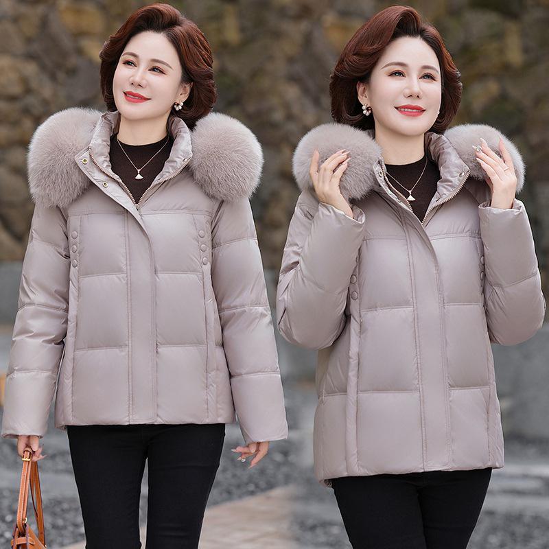 Premium Winter Hooded Short Down Jacket for Middle-aged and Elderly Women with Fox Fur Collar
