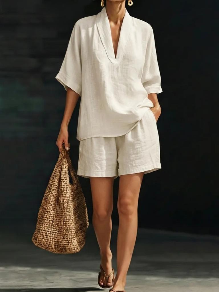 White V-Neck Short Sleeve Top and Shorts Set