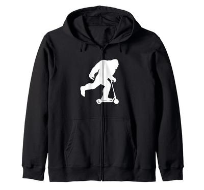 Bigfoot Rides a Scooter Funny Scooter Bigfoot Zip Hoodie
