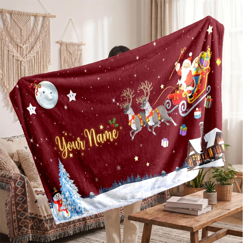 Couverture en Flanelle Personnalisée avec Nom Imprimé de Noël Confort Chaud Jeté de Lit Décoration de Maison Cadeau de Fête