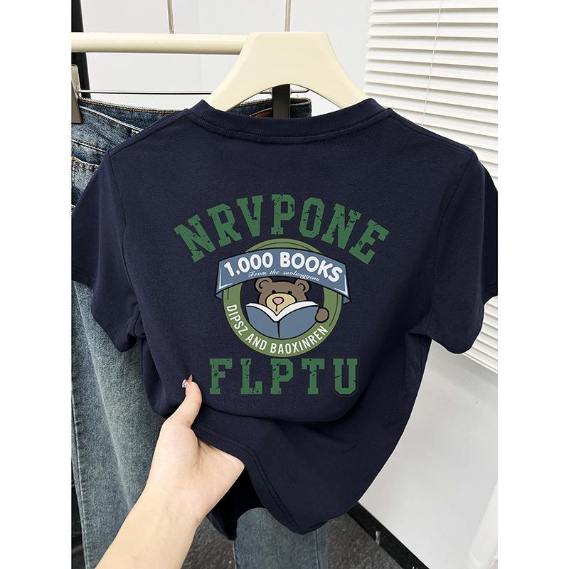 

Корейская мультяшная футболка с принтом плюшевого мишки, круглым вырезом, приталенная для женщин Medium темно-синий