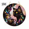 Moon Cat Wall Hanging Halloween Window Decor, Mystical Black Round Sign Cute Accessory for Indoor Outdoor Art, Gothic Home Porch Door Ornament