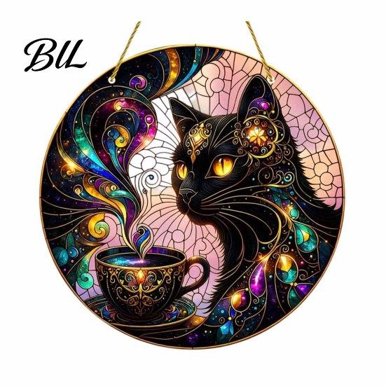 Moon Cat Wall Hanging Halloween Window Decor, Mystical Black Round Sign Cute Accessory for Indoor Outdoor Art, Gothic Home Porch Door Ornament