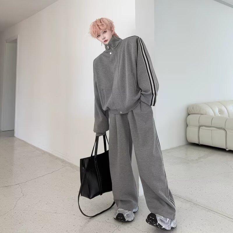 Spring retro stand-up neck cardigan sweater set men's niche webbing decorative design casual trousers sports two-piece set