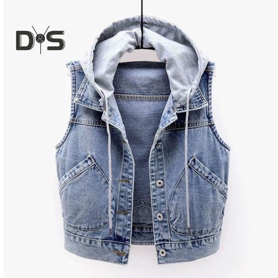 Jesienno-wiosenny damski płaszcz dżinsowy Jednorzędowy bez rękawów z kapturem kieszeniami Luźna kurtka ze ściągaczem Krótki typ do noszenia na co dzień Kamizelka