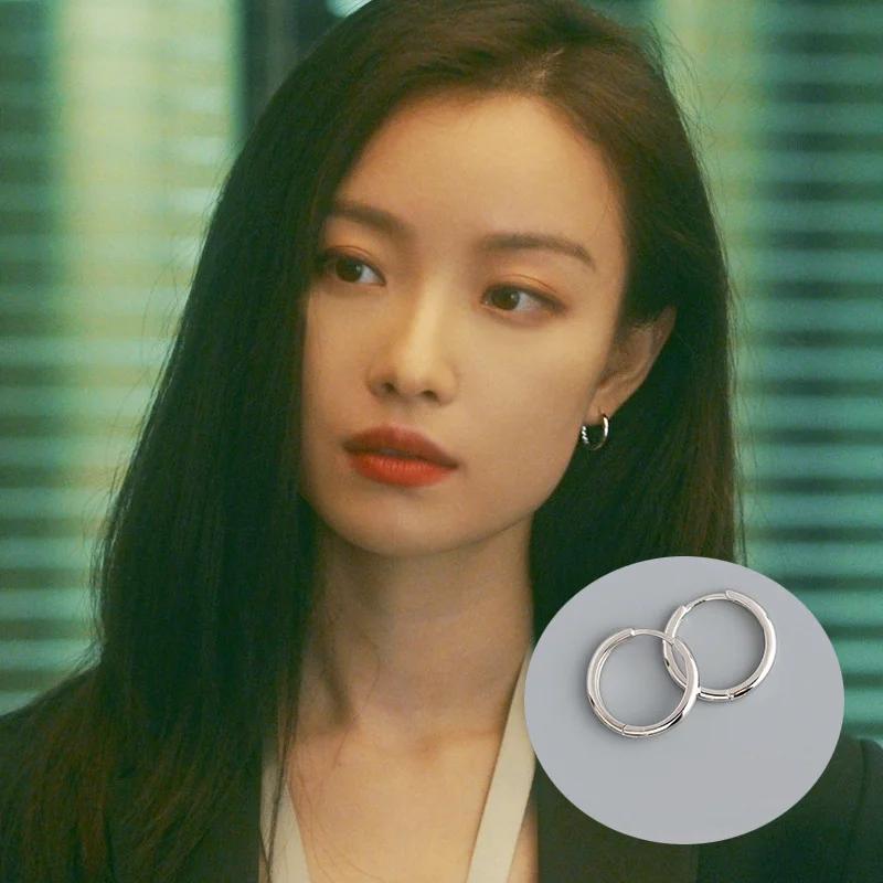 Real 925 Silver Minimalist Round Ear Buckle for Women Hoop Earring Jewelry Accessories