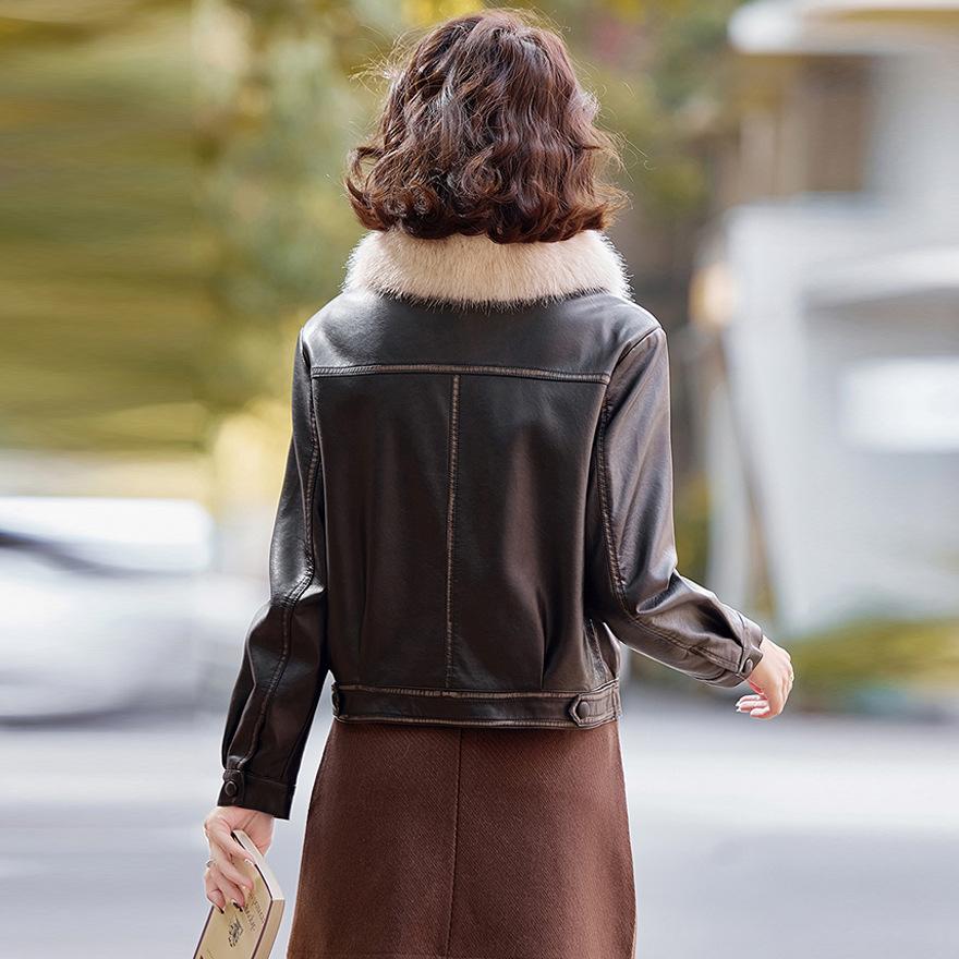 Fleece thickened leather jacket short coat women's winter new thin leather jacket motorcycle jacket top