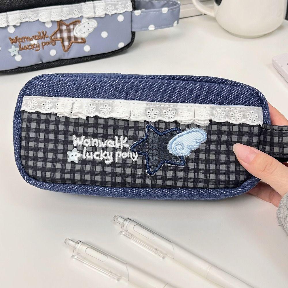 Lace Plaid Print Pen Bag With Handle Stationery Bag New Stationery Organizer Gift