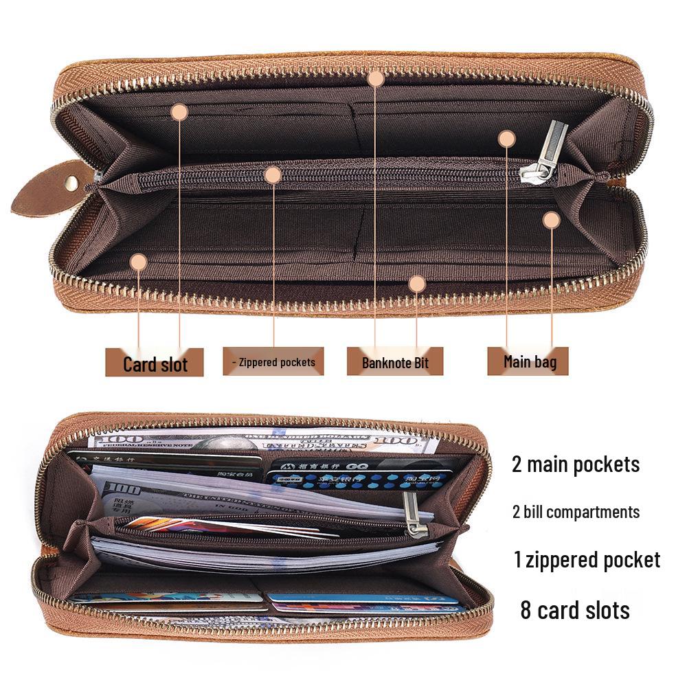 Men's RFID Retro Crazy Horse Leather Long Wallet Clutch - Genuine Leather Coin Purse