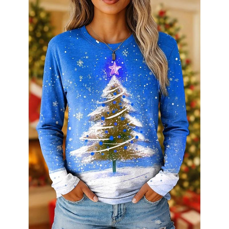 Women's Vintage Christmas Tree Print Long Sleeve T-shirts Holiday Gift Crew Neck Festive Party Top