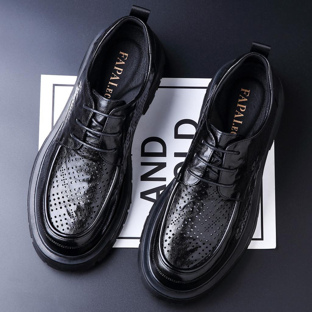 2025 New Hollow Leather Shoes British Style Leather Men's Shoes Platform Breathable High-end Leather Shoes Men's Summer Trend