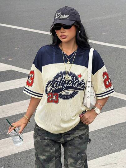 Dámské Vintage Síťované Tričko s Číslem 23 Oversize Volné Streetwear Sportovní Krátký Rukáv