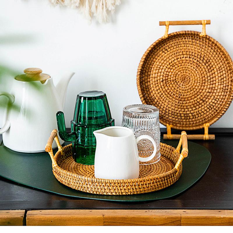 Handmade Rattan Storage Tray Basket with Handle Hand-Woven Rattan Tray Wicker Basket Fruit Tray Rattan Organizer Home Decor