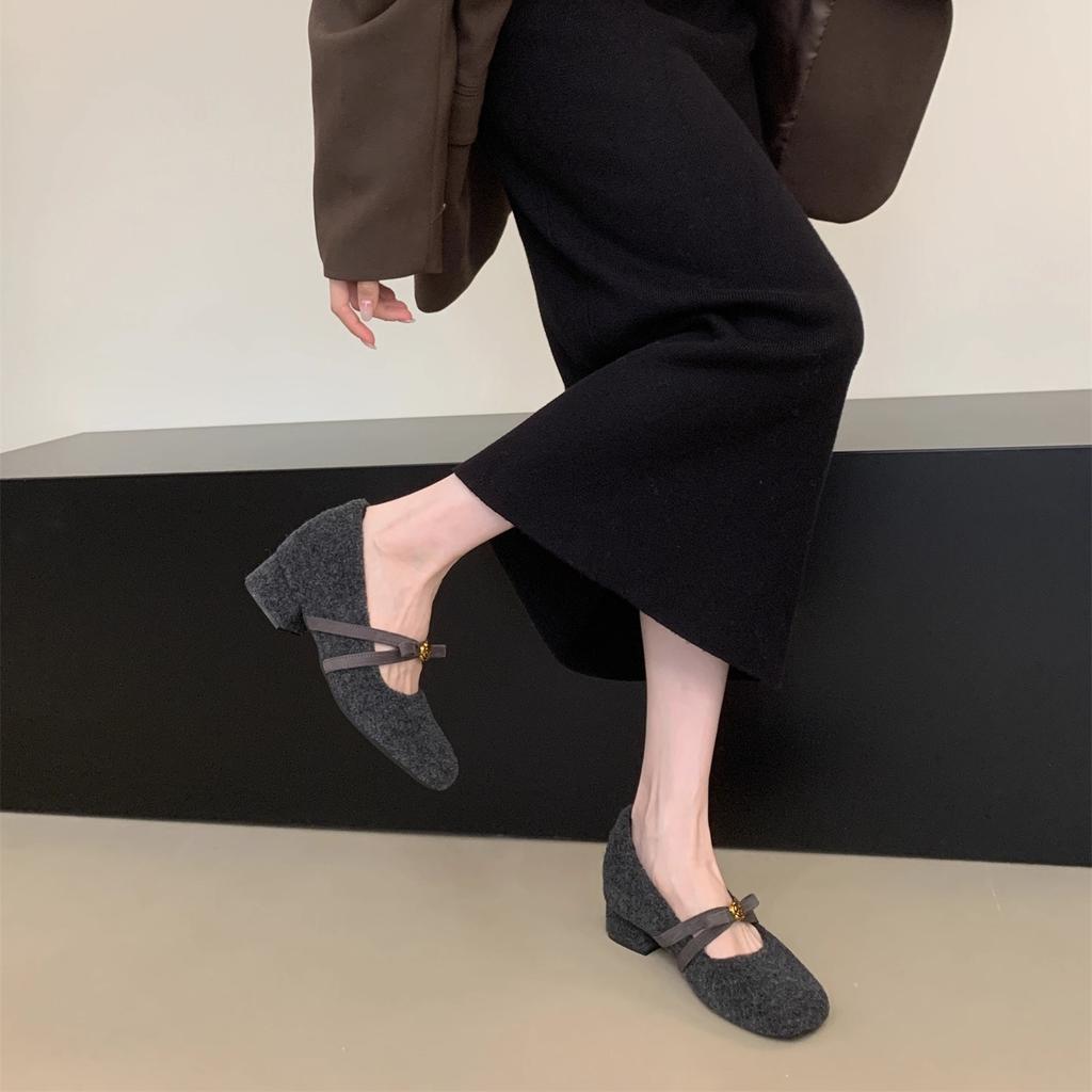 Inner height increase thick heel gray fluffy shoes female winter Korean version fairy Mary Jane shoes velvet warm cotton shoes