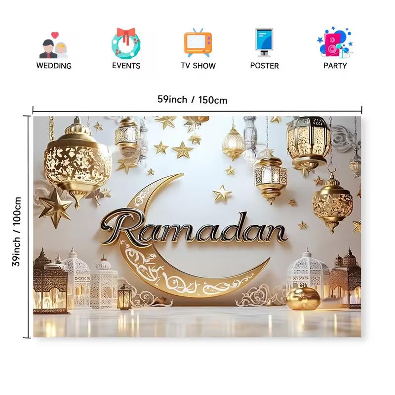 2D Ramadan Crescent Moon & Lantern Backdrop for Home Decor