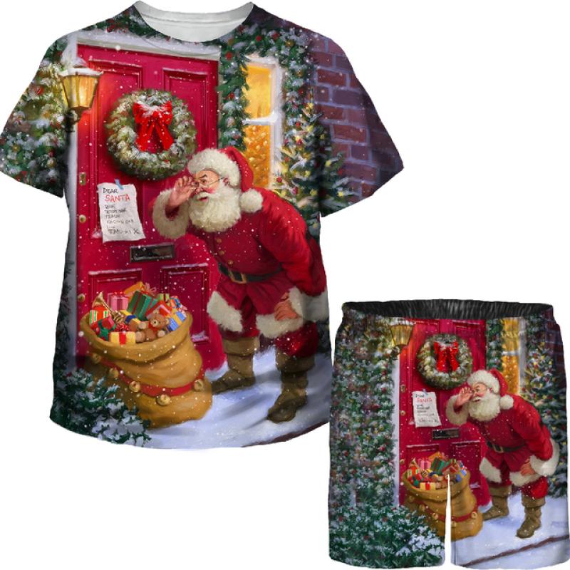 Boys Girls Funny Christmas T Shirts Shorts Sets Xmas Santa Claus 3D Printed Tees/Suits Kids Holiday Party Vacation Clothing Set