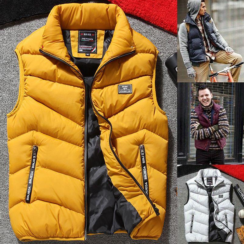 Mens Winter Warm Padded Sleeveless Puffer Jacket With Stand Collar And Zipper Closure