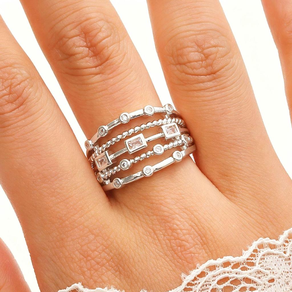 European Geometric Gold-Plated Multi-Layer Ring with Inlaid Rhinestones