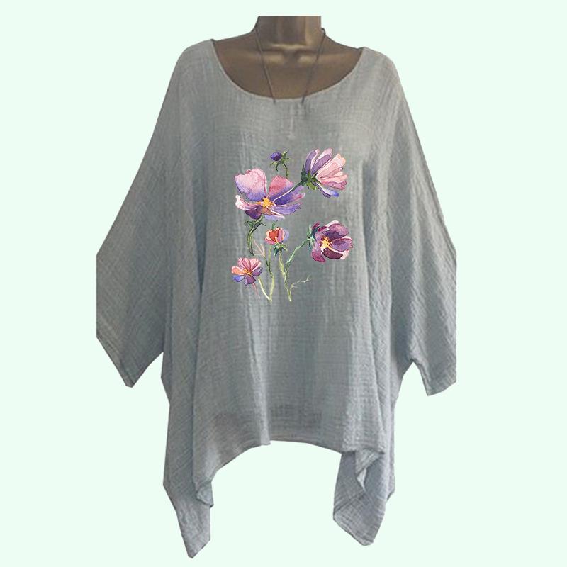 Übergröße DamenDünnes Baumwollleinenhemd Frühling&Sommer Lässig O-Ausschnitt Locker Langarm Top Damenmode Blumendruck Langes Hemd