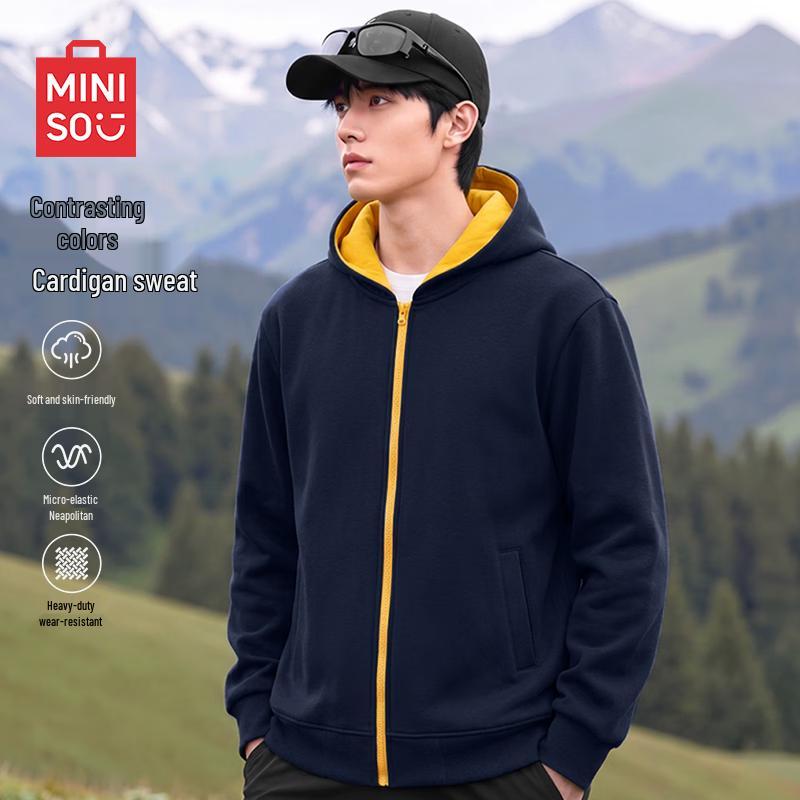 MINISO Men's Heavyweight Contrast Color Zip-Up Hooded Sweatshirt