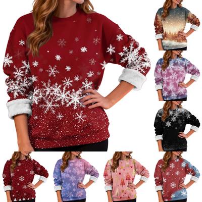 Damenmode Lässig Langarm Weihnachten Bedruckt Rundhals Plus Samt Verdicktes Sweatshirt
