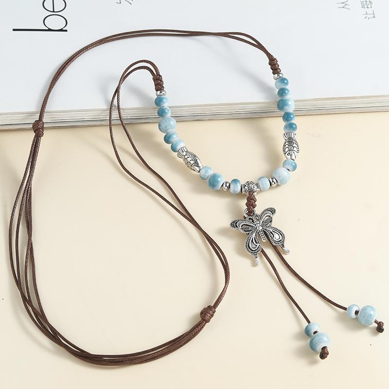 Chinese style long length sweater style accessory  butterfly necklace  ceramic  hanger cord
