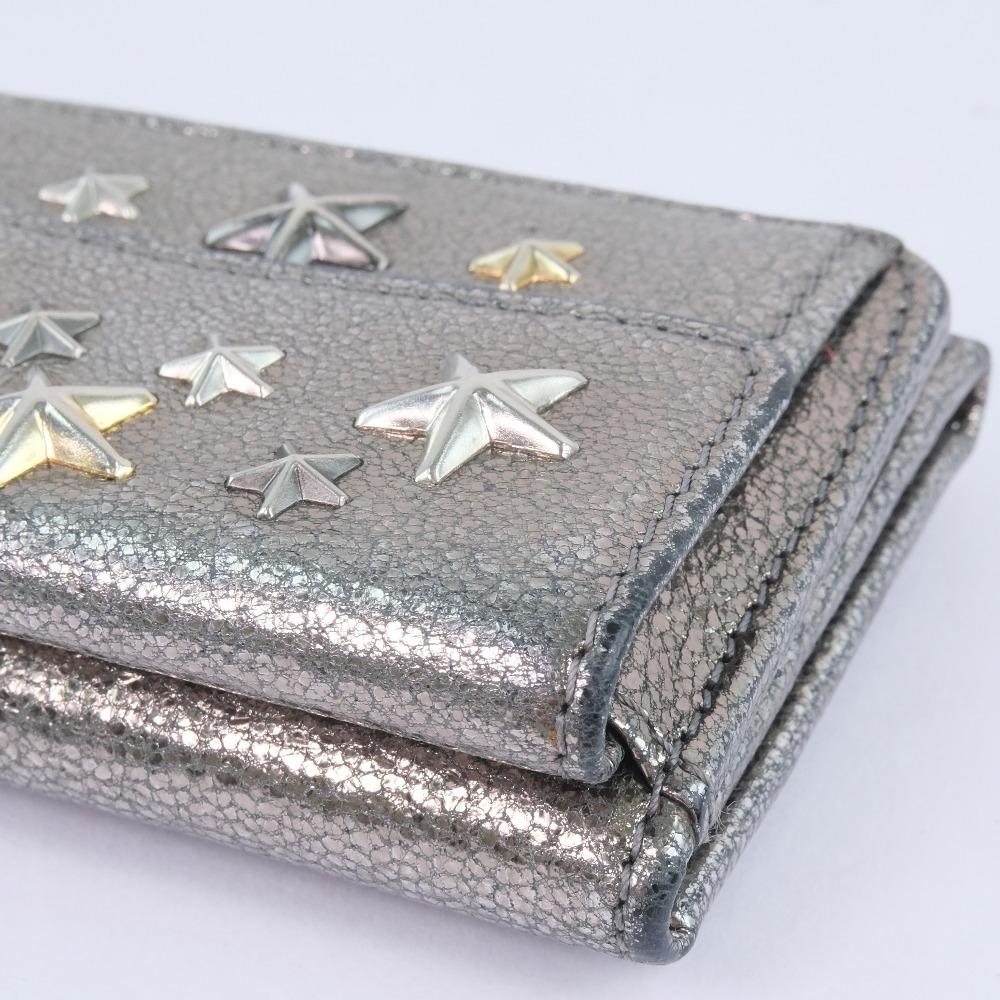Jimmy Choo Star Studs Tri-fold Wallet Metallic Silver Calfskin Women Used