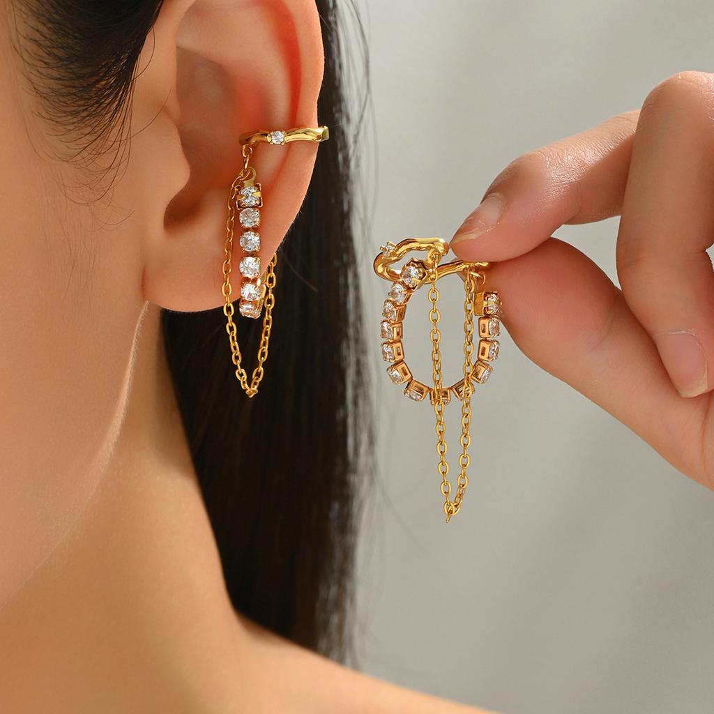 Fashion Double-layer Zircon Tassel Chain Cartilage Clip Earrings Women Gold Plated No Piercing Ear Cuff Luxury Wedding Jewelry