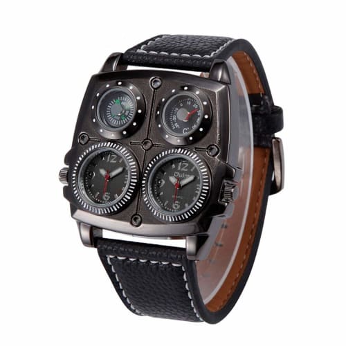 Avaner Men's Punk Unique Date Face Dual Time Quartz Business Casual Watch with Decorative Compass & Thermometer Dial and Black Leather Band