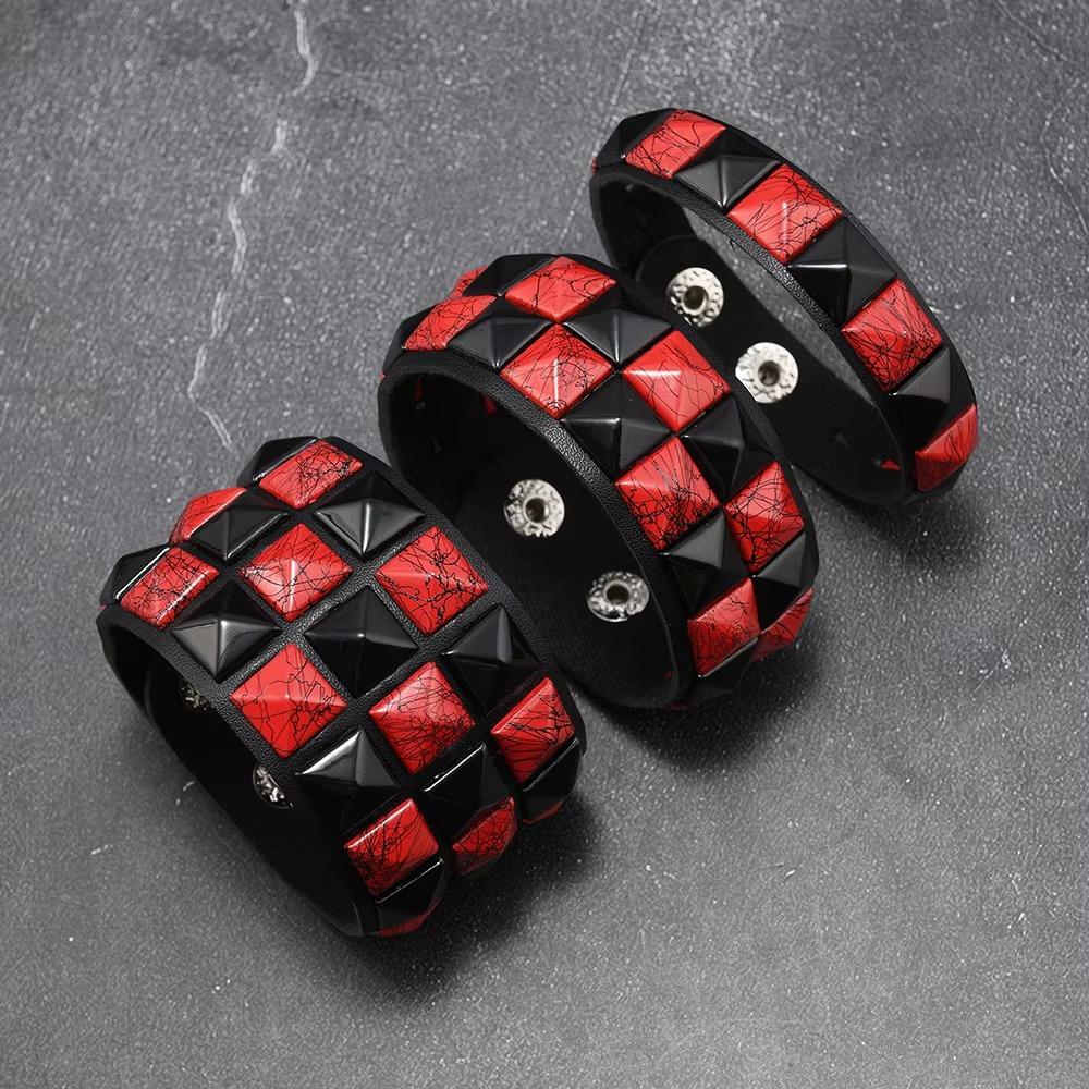 Rock Rivets Leather Wristband Contrasting Gothic Punk Bracelet Big Wide Bracelet Christmas Party black red
