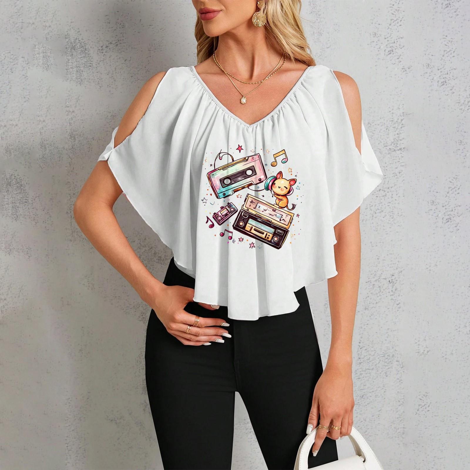 Women s Casual V-Neck Off-Shoulder Hawaiian Print T-Shirt M