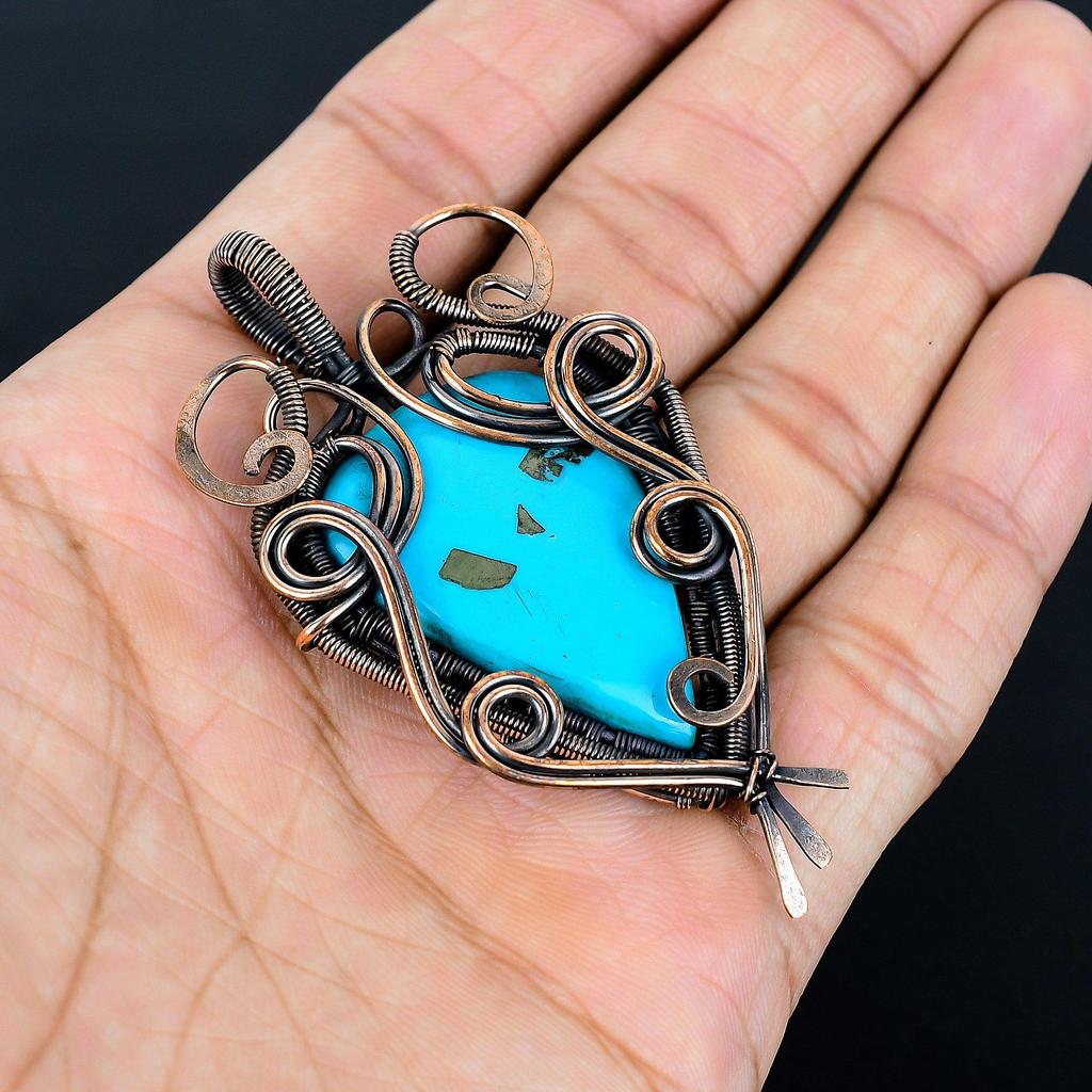 Turquoise 999 Copper Wire Wrapped Pendant, Handmade Gemstone Jewelry Pendant For Memorial Day