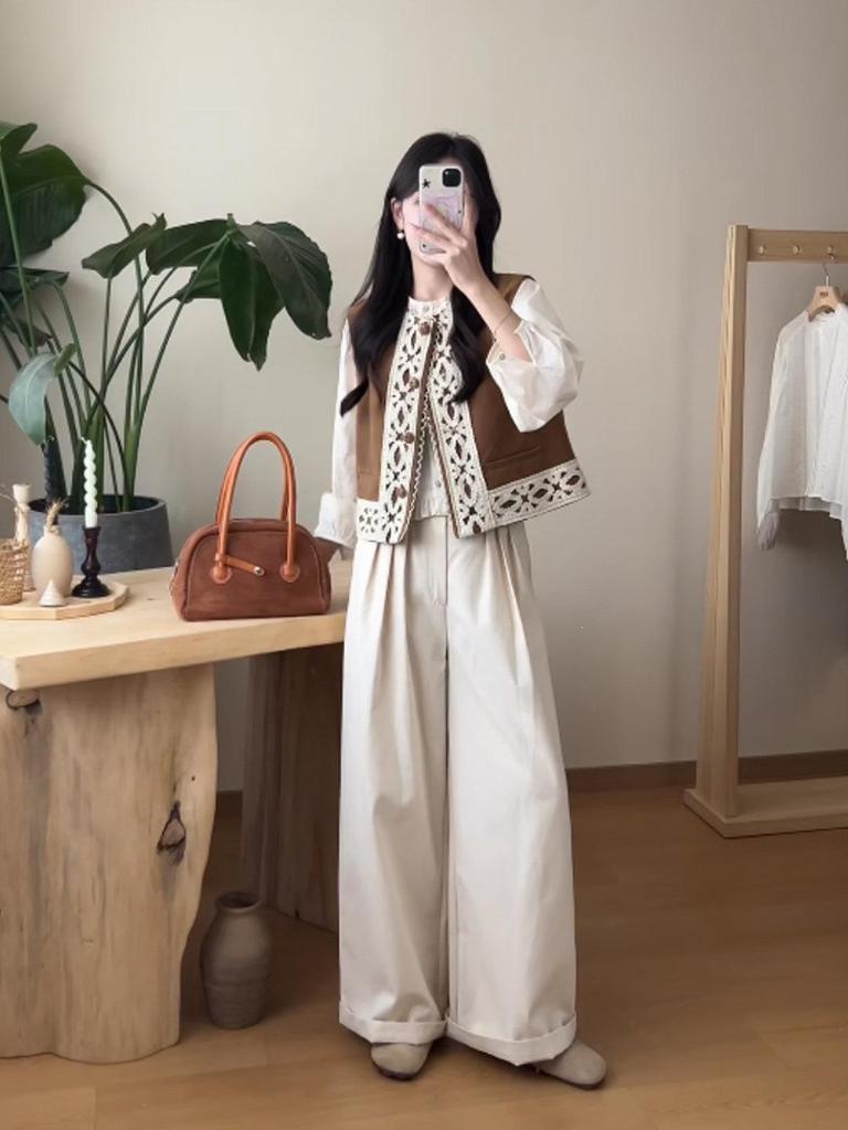 Plus Size Spring Three-Piece Set: MM Shirt, Layered Vest & Wide-Leg Pants - Korean Style Fashion for Women