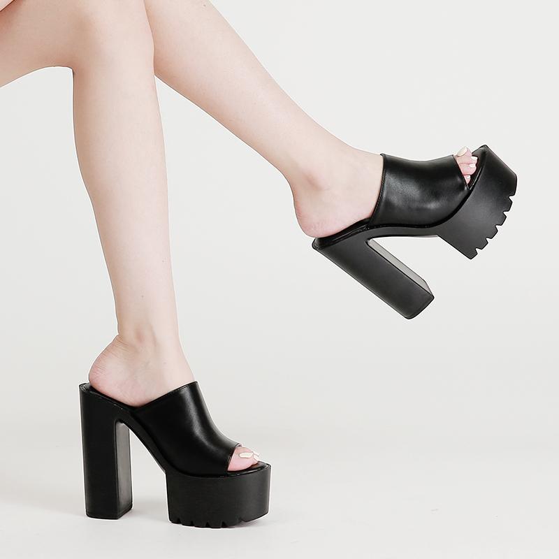 Square Heel Platform Mules Women Outdoor Slippers Peep Toe Slip On Sandals Shoes Slingbacks Black White Great Quality
