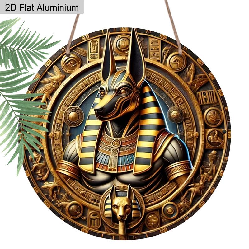 

2D Flat Aluminum Vintage Egyptian Anubis God Round Metal Sign, Ancient Egyptian Mythology Wall Art Sign for Front Door, Pre-Drilled Holes for Easy 1pc