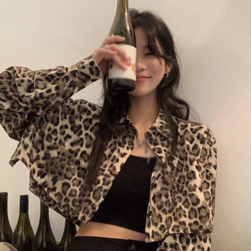 Frühling und Herbst Leopardenmuster Damen Kurzer Strickmantel Dünn Langarm Freizeit Hemd Oberteile