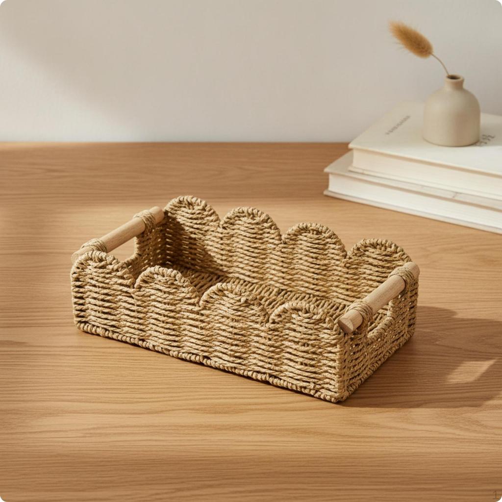 Handmade Tabletop Storage Basket | OpenTop Design, Woven with Wooden Handles, for Desk