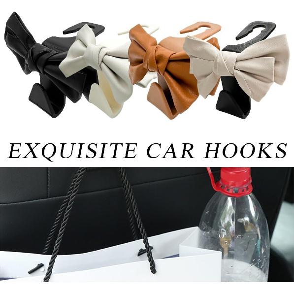 2 PCS Car Seat Headrest Hooks, Cute Bow Shaped Vehicle Backseat Storage Hooks, Leather Bow Shaped Sturdy Car Seat Back Hooks For