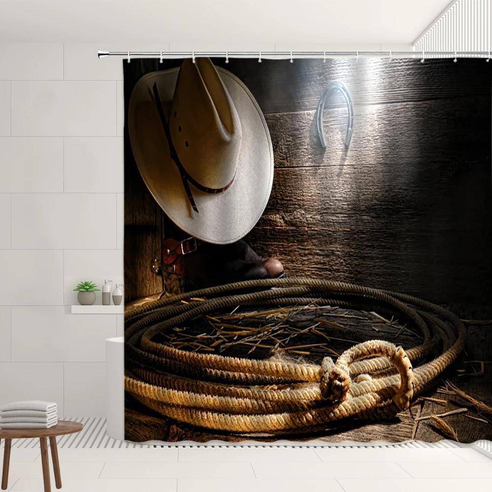 Westlicher Cowboy Duschvorhang Retro Cowboyhut Bauernhofmuster Badezimmer Badewannen Dekoration Wasserdichtes Stoffdisplay Mit Haken