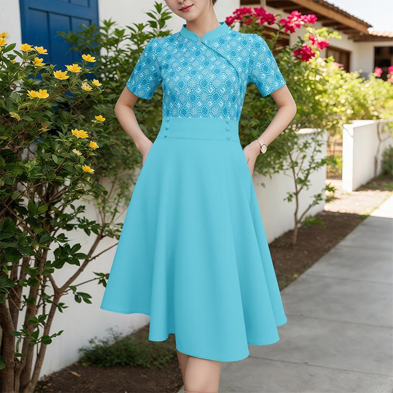 ZANZEA Damen Sommer Stehkragen Lässig Kurzarm Print Kleid