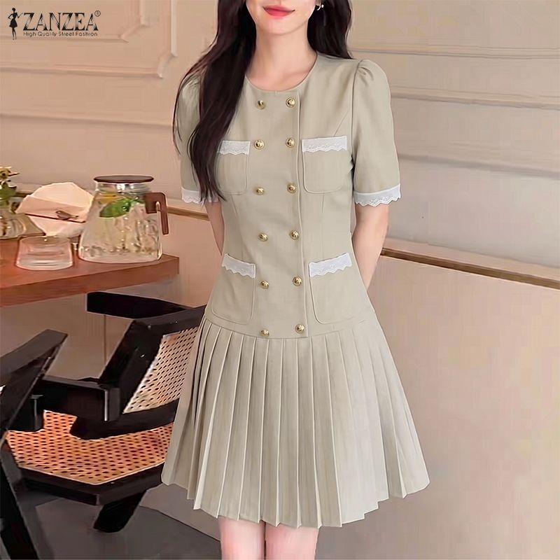 ZANZEA Women Casual Round Neck Short Sleeve Elegant Pleated Dress